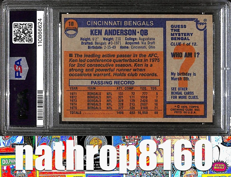 Tarjeta de fútbol americano 1976 Topps #10 Ken Anderson All Pro Cincinnati Bengals PSA 8 12235 Foto 2 de 4