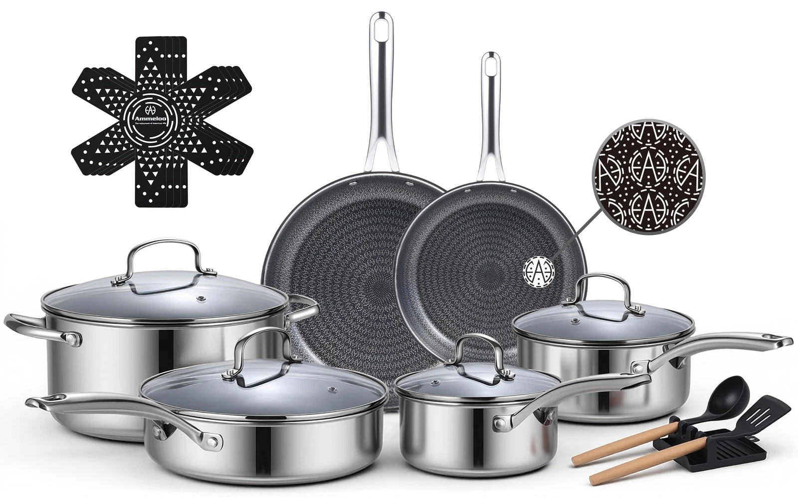 Ammeloo 17 Pcs Nonstick Stainless Steel Cookware Set, & Black