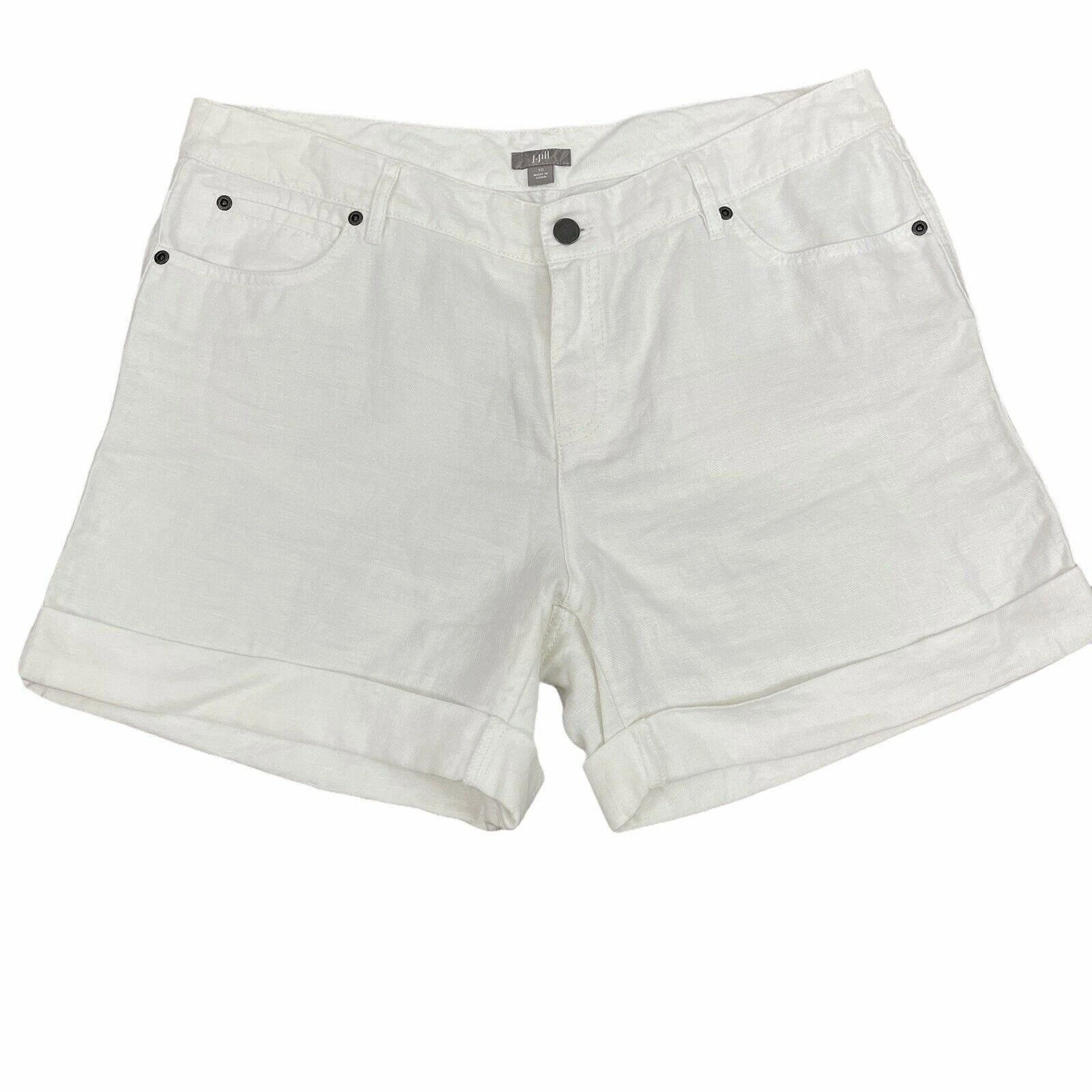 J JILL White 100% Linen Shorts Size 12 cuffed Lagonlook Women’s Pockets