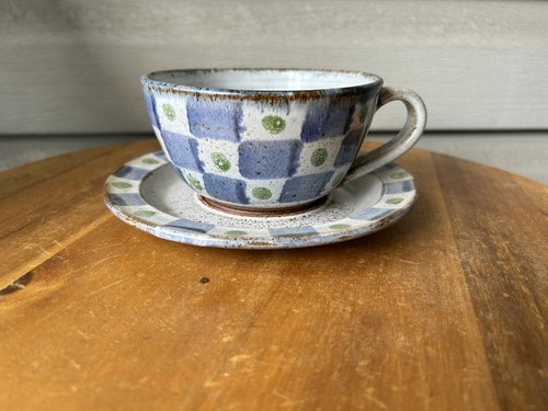 Jennie Gilbert Blue Checked Dots Art Pottery Teacup Saucer 12oz England