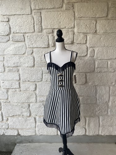 Switchblade Stiletto Black & White Striped Dress W/ Black Fringe Retro Style - 第 1/11 張圖片