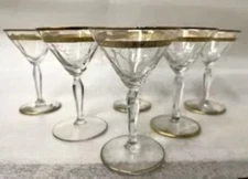 Set of 6 Italian Hand Blown Etched Crystal 24K Rim Cordia; Glasses