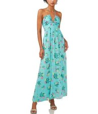 1 State Floral Printed Sleeveless Halter Maxi Dress Sz L Ocean Teal