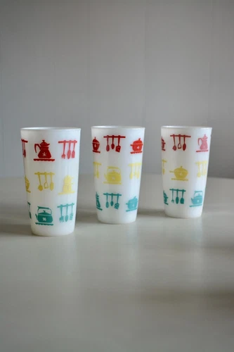 Vintage Hazel Atlas Kitchen Aids Tumblers. MCM Utensil Design Milk Glass Tumbler