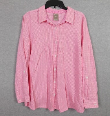 White Stag Woman Shirt XXL 20 Long Sleeve Pink White Plaid Roll Tab Button Up