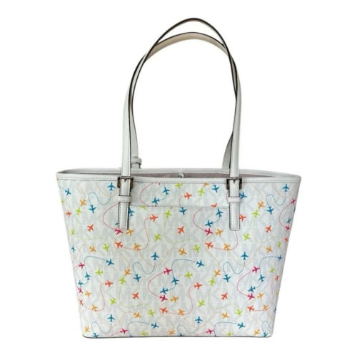 Michael Kors Jet Set Medium Carryall Airplane Print Tote White Bag Logo - Picture 2 of 8