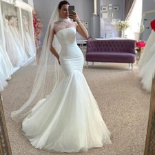 Elegant Mermaid Wedding Dresses High Neck Tulle Pearls Lace up Corset BridalGown