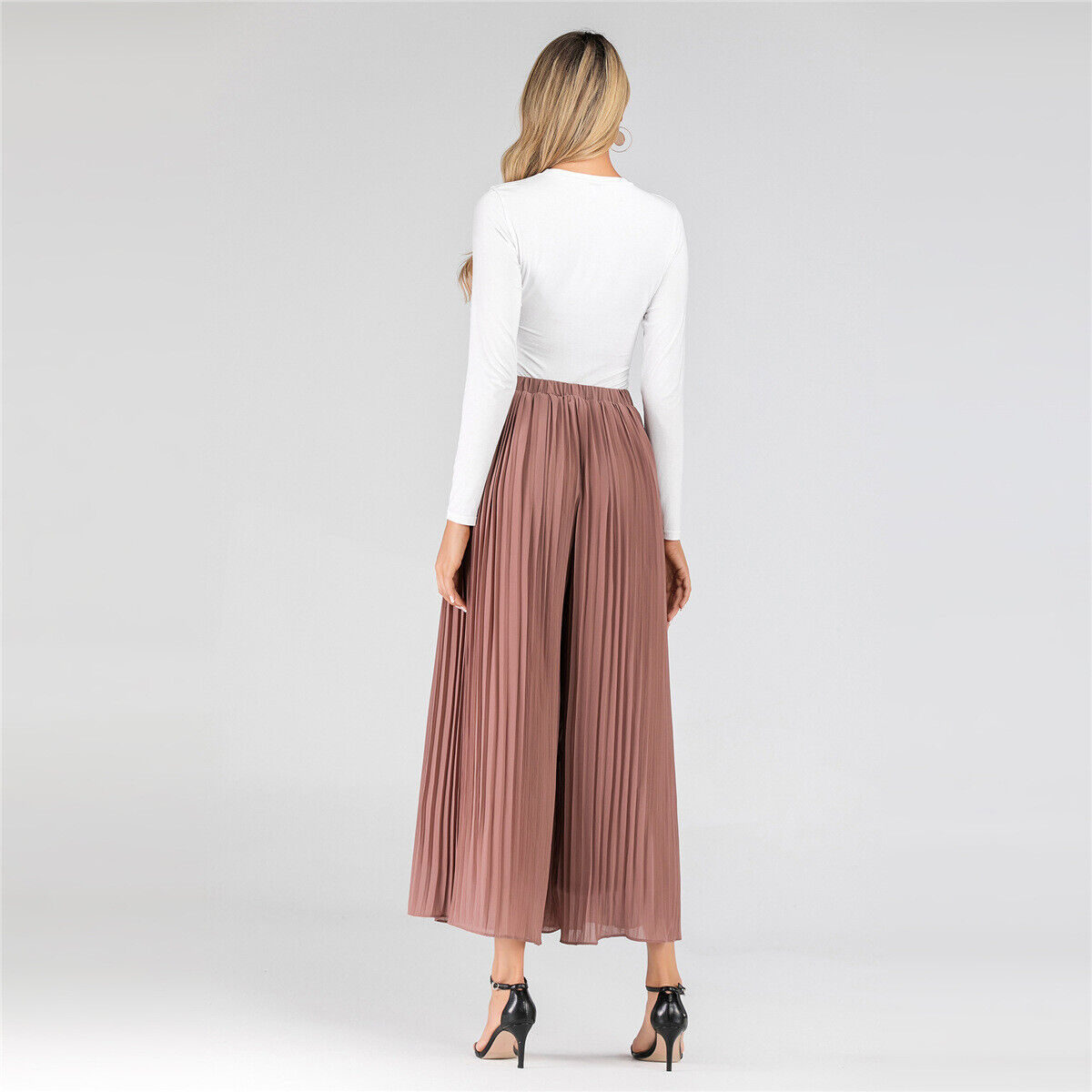 Women Chiffon Culottes Loose Pleated Trousers High Waist Wide Leg Pants  Casual