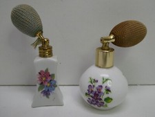 2 VINTAGE WHITE MILK GLASS ATOMISER PERFUME SCENT BOTTLES - FLORAL WEST GERMANY