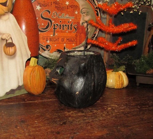 Halloween Black Cat Bucket Primitive Vtg Paper Mache Style Resin Jack-O-Lantern - Picture 8 of 12