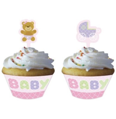 12 ct Girl Baby Teddy Bear Baby Shower Decorations Party Cupcake Wrappers picks