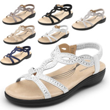 Women Slip On Flat Sandals Elastic Strap Open Toe Rhinestone Beach Sandals NEW