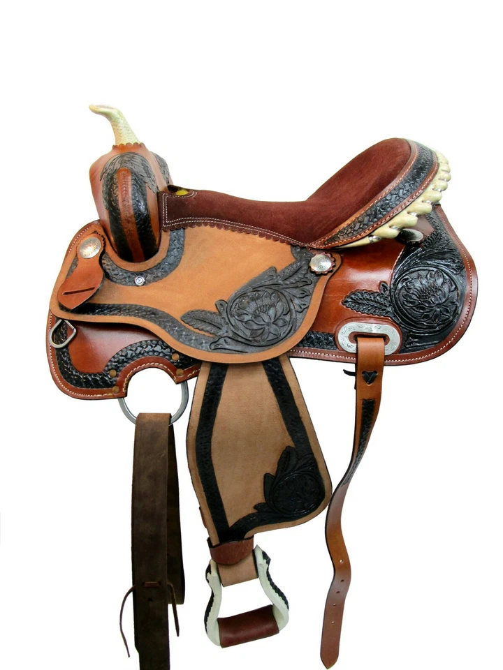 Western Saddle Trail Horse Barrel Racing Pleasure Tack de cuero usado 15 16 17 18 Foto 4 de 4