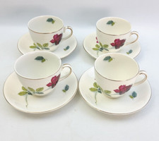Alfred Meakin Realm Rose -4x Tea Cups & Saucers - Red Rose Vintage 1950s