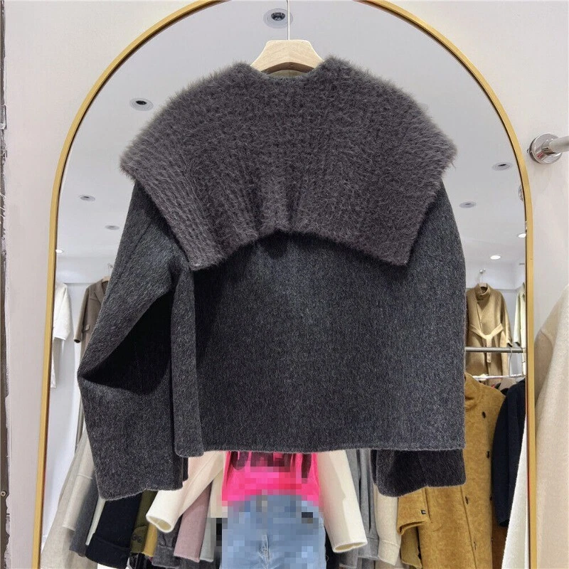 OFF WHITE 2024 Nuovo Cappotto Lana Doppio Lato Collo Pelliccia Flip Donna Bottoni Corto Lana