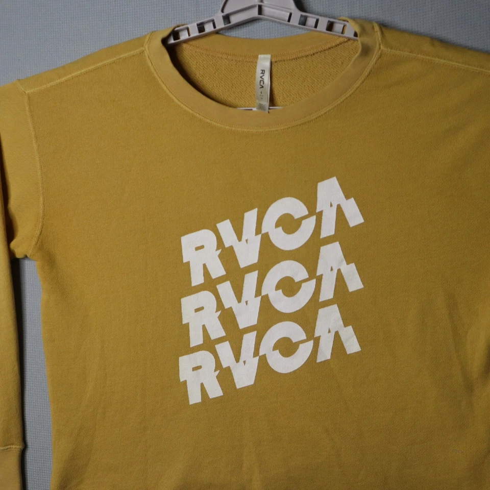 RVCA Sweater Womens Large Mustard Yellow Cropped Sweatshirt Surf Skate Spellout - Image 3 of 4