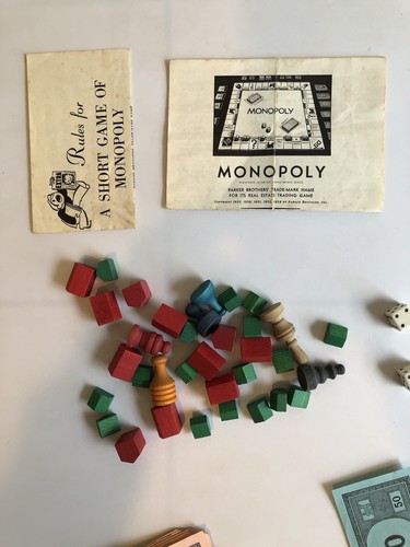 Vintage Monopoly Board Game Tokens Pieces Wood Hotels Dice Cards instructions - Picture 2 of 7