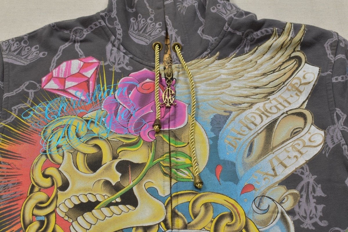Christian Audigier Men's 2XL Zip Up Hoodie Gray Skull Rose Wings