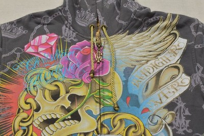 Christian Audigier Men's 2XL Zip Up Hoodie Gray Skull Rose Wings