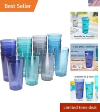 Plastic Tumblers Set of 16 20oz Water Cups Coastal Colors Stackable BPA Free