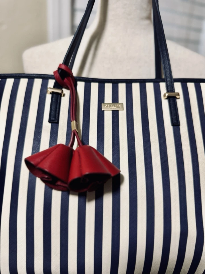 Bolso de Mano Oriflame Suecia Azul y Blanco Rayas Cuero Suave, Bolso de Hombro, Carryall Foto 2 de 4