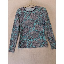 Lands' End Swim Shirt Women's XS Teal Blue Floral Long Sleeve Rash Guard