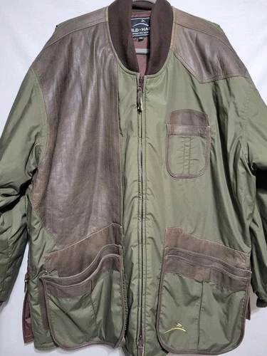 Wild Hare Men's Cold Weather Shooting Coat Olive with Brown Distressed Leather - product listing photo