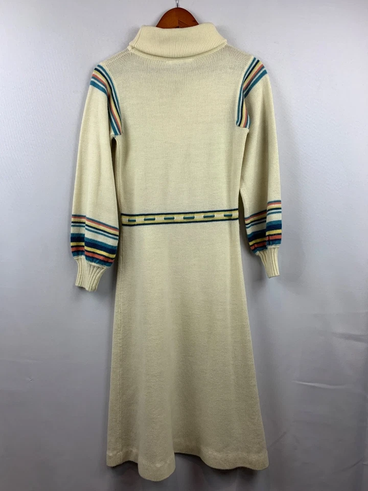 Vintage Cream Knit Dress With Striped Sleeves & Turtleneck - Image 4 of 4