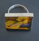 Vintage 925 Mexico Sterling Silver Square Floral Resin Ring Adjustable Size