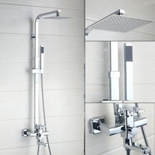 Chrome Shower Faucet System 8" Rainfall Shower Head Valve w/Handheld Mixer Tap