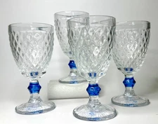 Set of 4 Diamond Pattern Goblet Glasses  with Blue Collar, by Hotel du Cobb