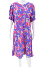 Rixo Womens Floral Print Round Neck Short Sleeve Mini Dress Purple Size 16