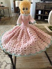 Vintage 1950's Crocheted Bottle Doll Pink & Green With White Crocheted Slip