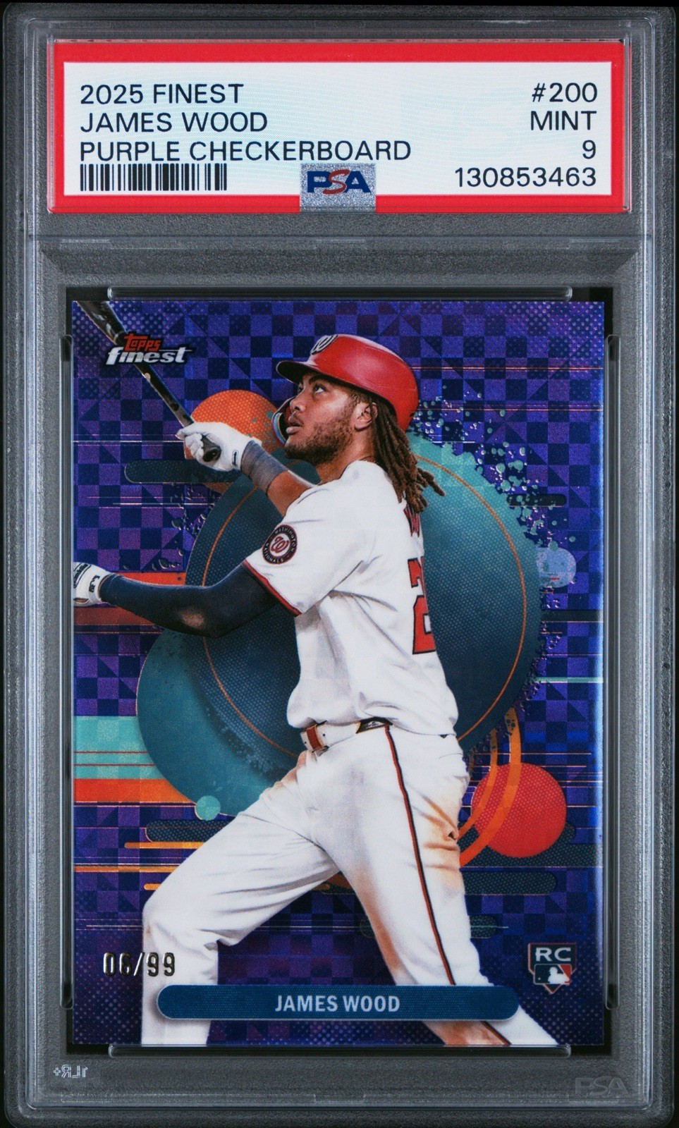 2025 Topps Finest James Wood #200 Purple Checkerboard /99 (RC) *POP 1* PSA 9