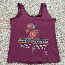 Vintage 1993 3D Emblem Free Spirit Rose Lace Tank Top Maroon Biker USA Made M