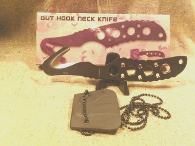 RITE EDGE Neck Knife EMT Belt Cutter Guthook All Black Stainless K-Sheath & Chain, 6-1/2"