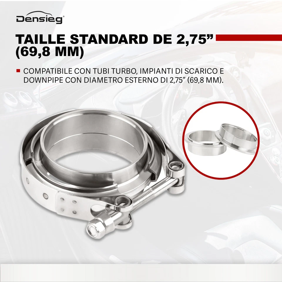 Densieg Collier V 69,8 mm 2,75" bagues soudage, centrage, bride échappement inox - Photo 3/4