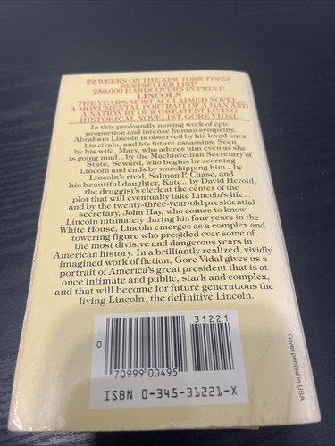 Lincoln: A Novel By Gore Vidal First Ballantine Books Edition June 1985 - Picture 5 of 5