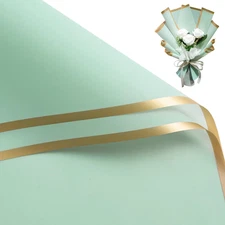 20 Sheets Flower Wrapping Paper - 22.4 x 22.4 inch Gold Trim Light Green Water-R