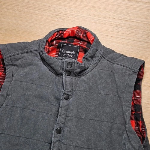 Simply Southern Puffer Vest Men XL Gray Quilted Flannel Lined Snap Outerwear - product listing photo