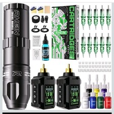 Wireless Tattoo Gun Kit with 2x 1800mAh Batteries, 10 Needles  Ink Set - Comple