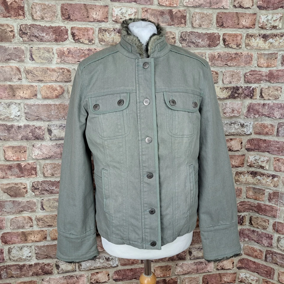 Chaqueta Principles Caqui Verde Denim Reino Unido 12 Forrada de Vellón Borde de Piel Militar Foto 3 de 4