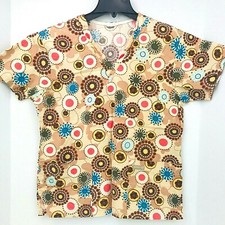 Peaches Small Scrub Top Tan With Multi Color Circle Flowers Nurse Veterinary