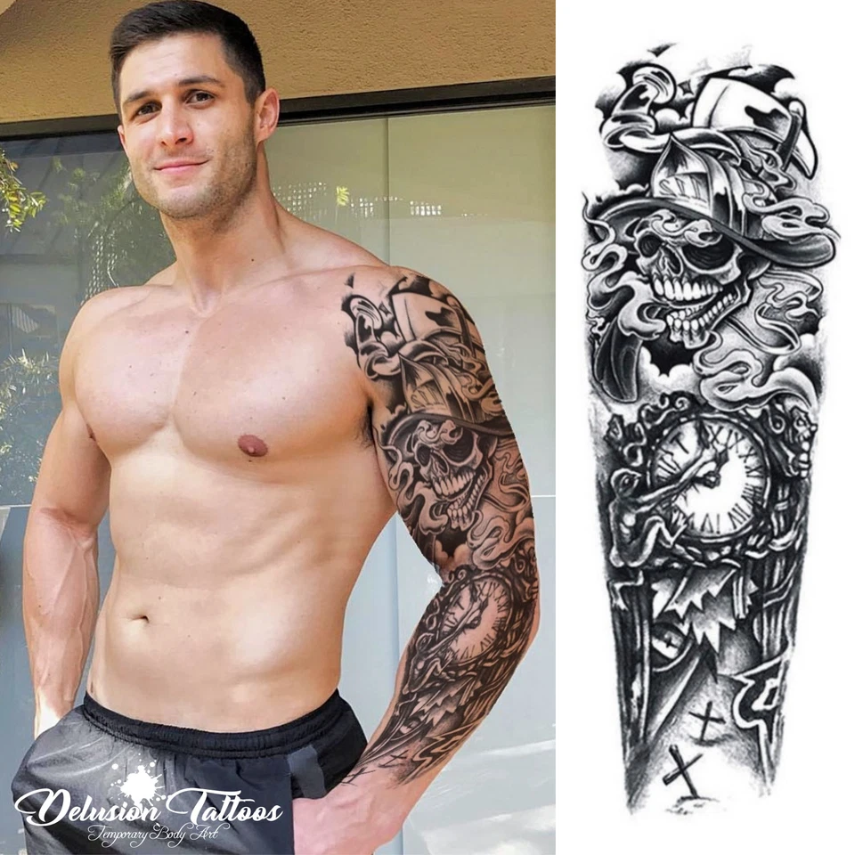 DELUSION TATTOOS Temporary Tattoo Sleeve Arm Death Skull Clock Cross Black Waterproof Mens Womens
