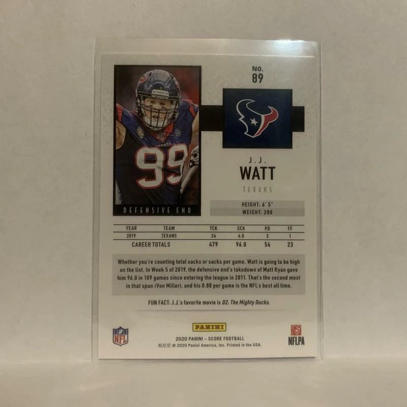 #89 J.J. Watt Houston Texans 2020 Score Football Card LC - Image 2 of 2
