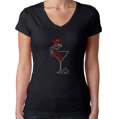 Womens T-Shirt Rhinestone Bling Black Fitted Tee Halloween Witch Pumpkin Martini