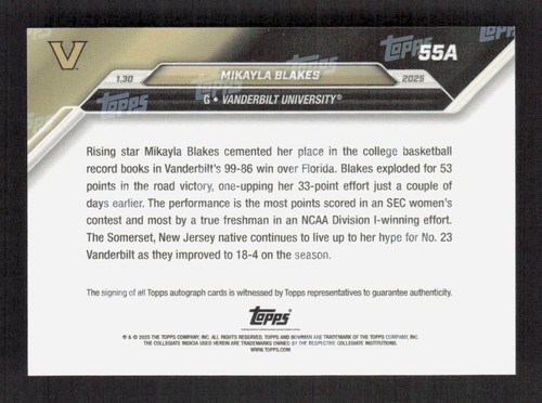 2024-25 Bowman U Now Rosso #55A Mikayla Blakes Autografo Basket Card Auto/10 - Foto 2 di 2