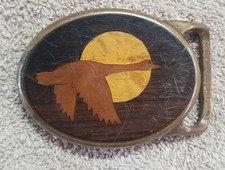 Rare vintage Solid Brass Wood Inlay Belt Buckle.