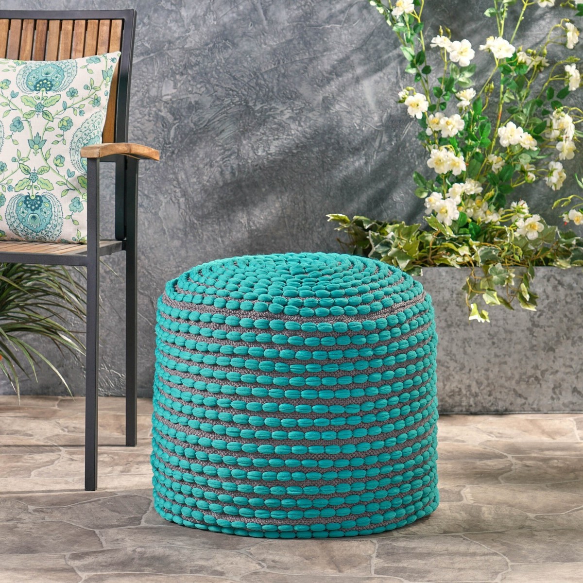 Rosalyn Handcrafted Modern Water-Resistant Fabric Ottoman Pouf - Main Image
