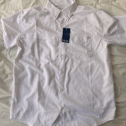 Huk Fishing Men's Shirt Tide Point Button Up Short Sleeve White HI100171 30+ UPF